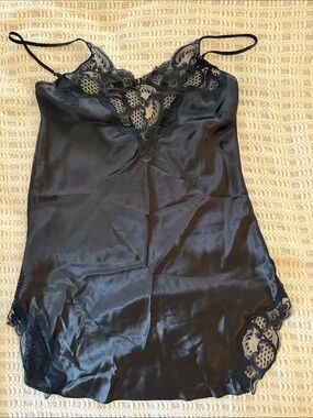 Victoria's Secret Black Satin Lace-Trim Chemise NWT